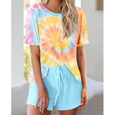 

Summer Women Crew Neck Short Sleeve Top Lace Up Casual Printing Tie Dye Pajamas Housewear Women's Suit