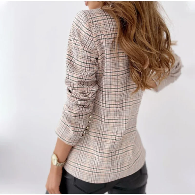 Women's Autumn Check Double-Breasted Blazer - Elegant Slim Fit Casual Suit Jacket for Office Fashion image 6