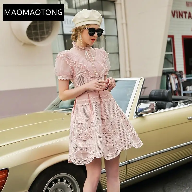 

Women's Clothing Fashion Designer Dress Spring Summer Women's Dress Short Sleeve Stand Collar Mesh Ruffles Dresses