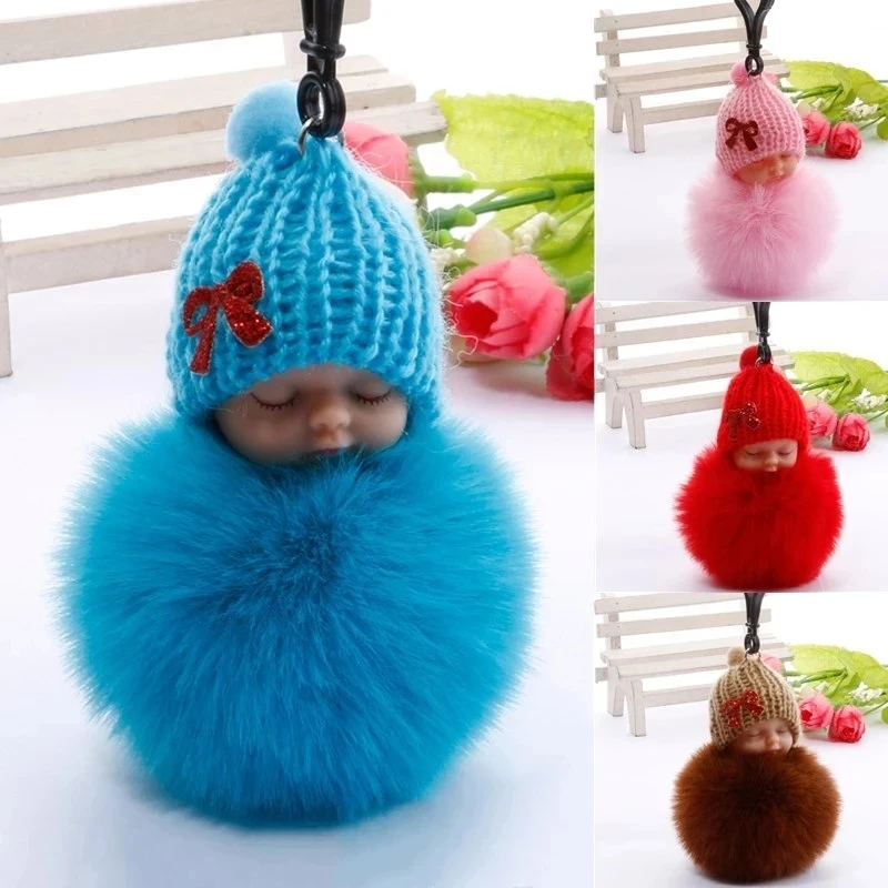 10pcs Baby Doll Toy Cute Sleeping Key Chains For Women Bag Ring Fluffy Pom pom Faux Fur Plush Keychain | Дом и сад