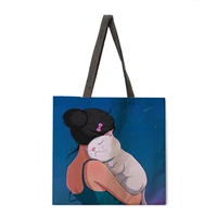 girl and cat print handbag ladies casual handbag foldable shopping bag outdoor beach bag daily handbag