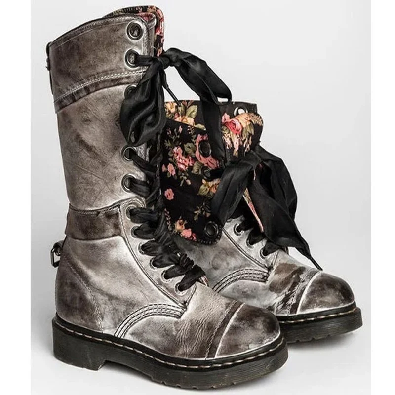 

Floral Locomotive Short Boots Lace Up Autumn and Winter Ankle Boots Square Heel Boots Autumn High-top Retro Women's Shoes
