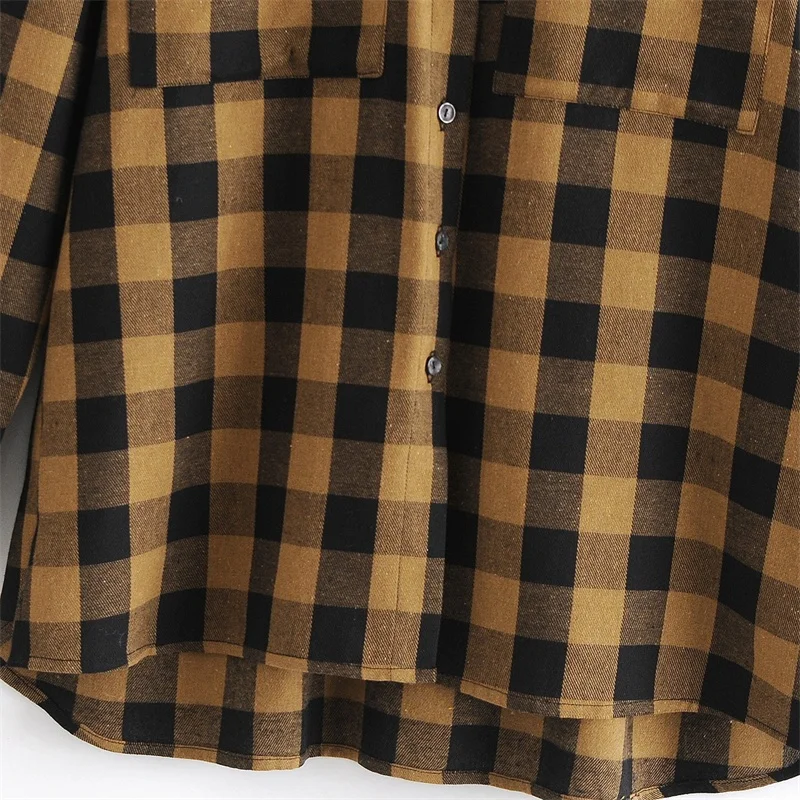 

ZXQJ Women 2020 Fashion Asymmetrical Hem With Pleated Back Loose Plaid Blouses Vintage Long Sleeve Female Shirts Chic Tops