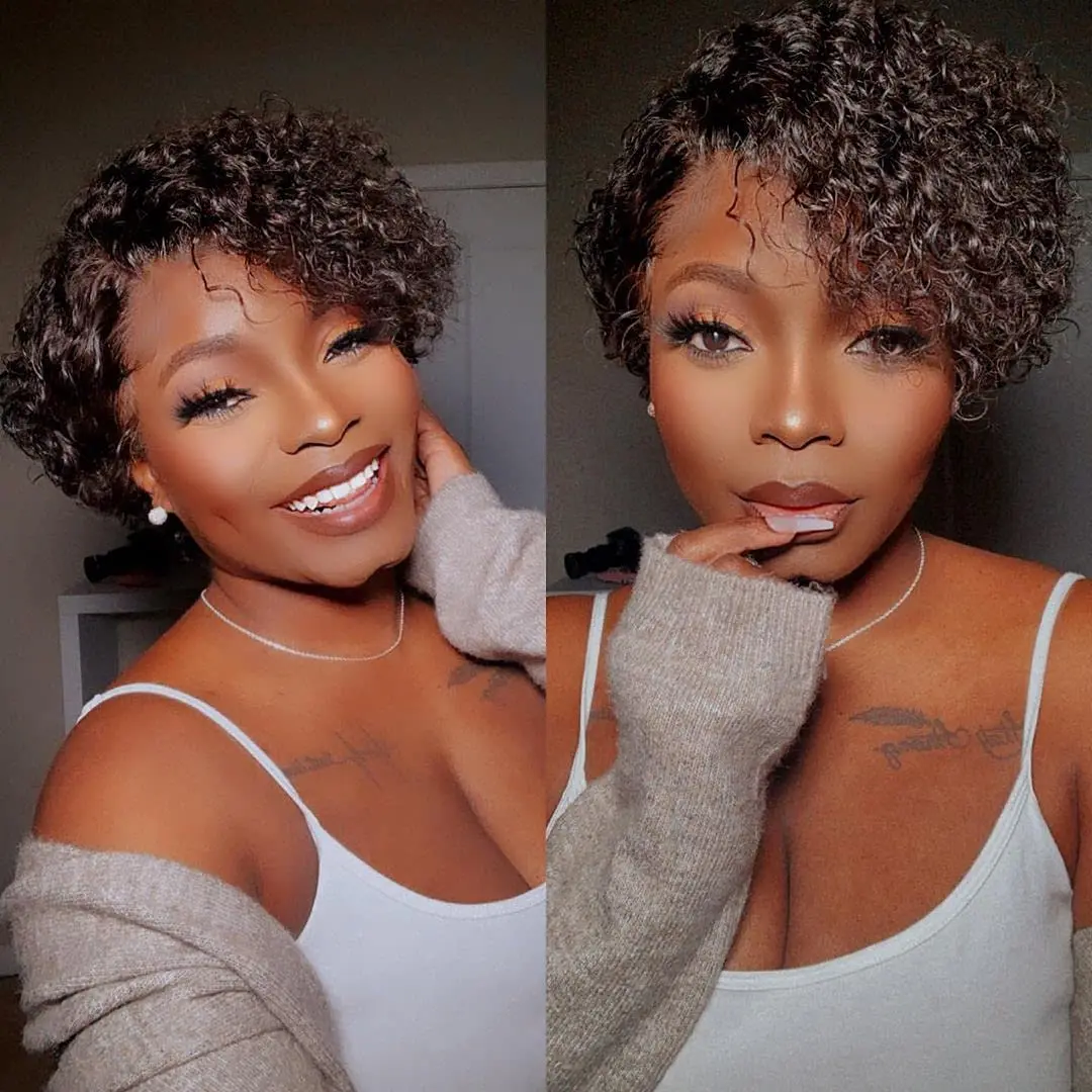 

Pixie Cut Wig Curly Human Hair Wigs Short Deep Water Wave Transparent Lace Front Wigs For Woman Remy Side Part Pre Plucked