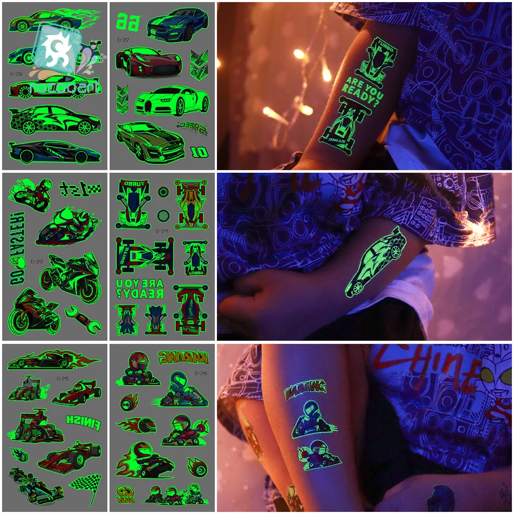 

Cartoon Cool Racing Car Waterproof Temporary Tattoo Sticker Child Luminous Arm Leg Face Sticker Body Art Tattoo Sticker