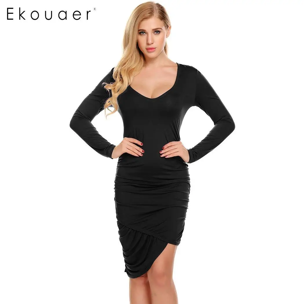 Ekouaer женские платья осень весна платье с длинным рукавом асимметричный подол