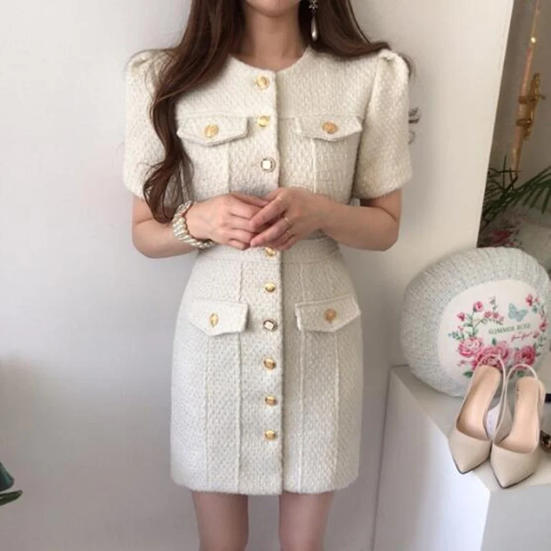 

Zawfl luxury design chic sleek sleeves short tweed buttons straight-line mini thin dress single breasted dresses