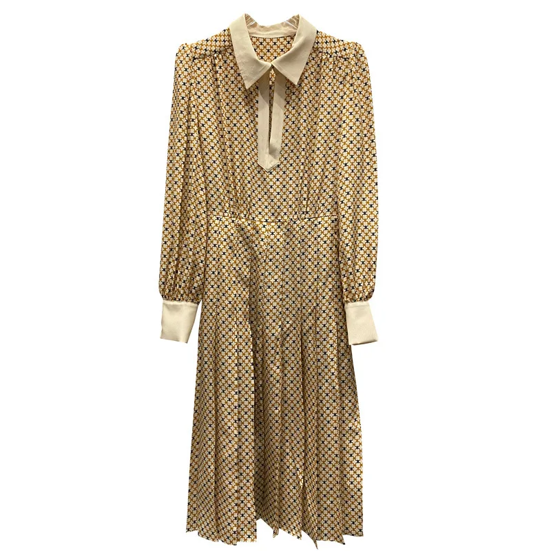 

New One button pleated silk dress long sleeve old flower print pleat crimping temperament bottomed evening dress long