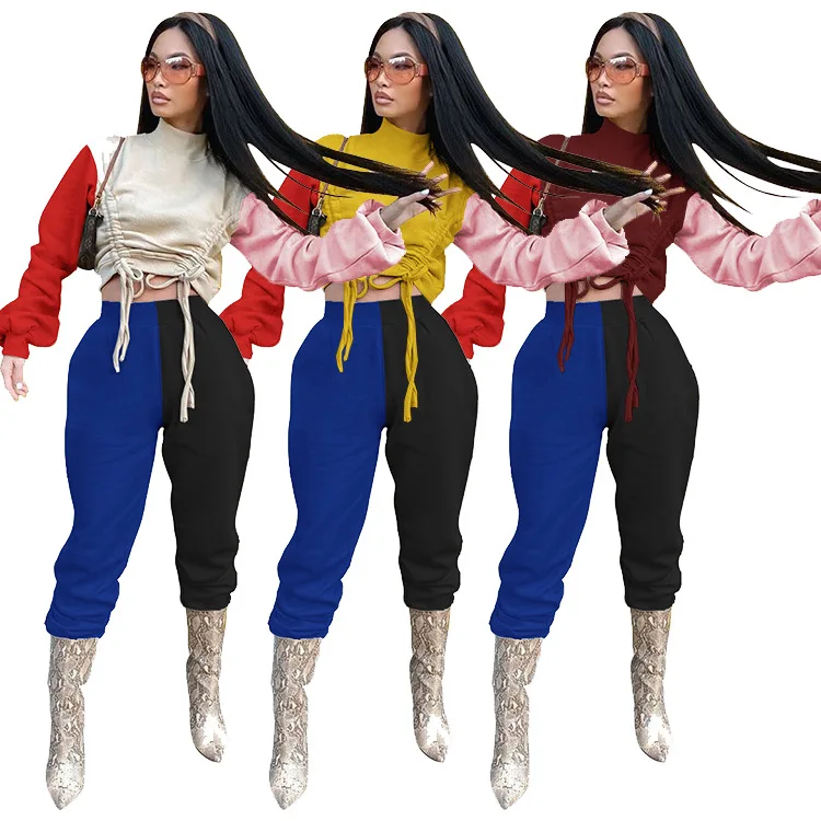 

Топ и штаны на завязках с принтом, с высоким воротником и рукавами-фонариками