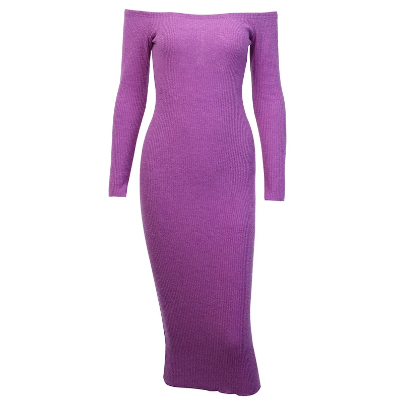 

Sexy Backless Off Shoulder Dress Women Spring Casual Long Sleeve Purple Ribbed Bodycon Dress Woman Knitted Midi Dresses Vestidos