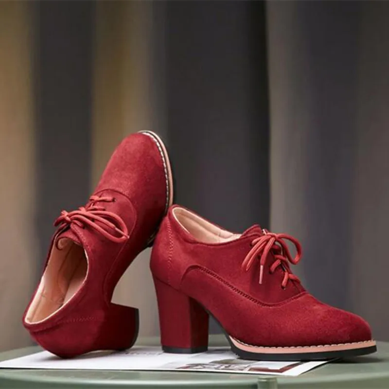 Womens Ankle Boots Flock High Heels Lace Up Chunky Heels Shoes Casuales Comfortable Shoes Woman Boots Fashion Shoes for Ladies