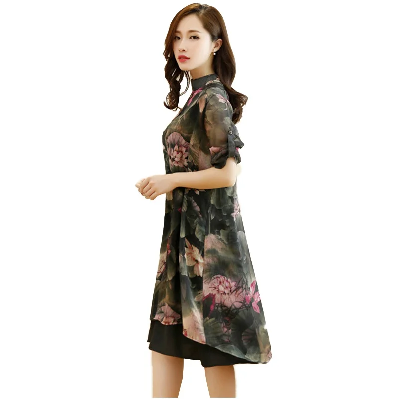 Summer Floral Chiffon Dress Two Pieces Set Sleeveless V Neck Vest Dresses Plus Size Women Sets |