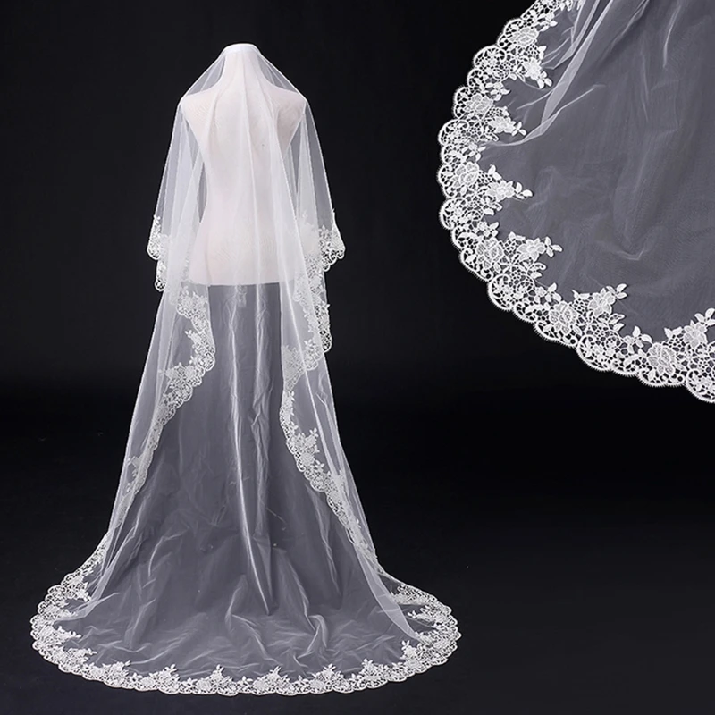 

Wedding Bridal Veil Delicate Lace Trim with Flowers One Layer Long Drop Illusion Tulle Cathedral-Length Chapel-Veils