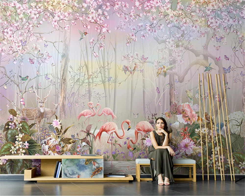 beibehang Customize new Nordic hand-painted elk flamingo dream forest living room mural TV pink wallpaper wall papers home decor