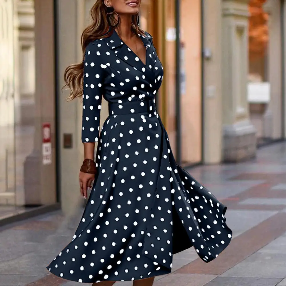 

Женское платье-рубашка с запахом, винтажное офисное платье в горошек с длинным рукавом и V-образным вырезом, осеннее платье с широким подоло...