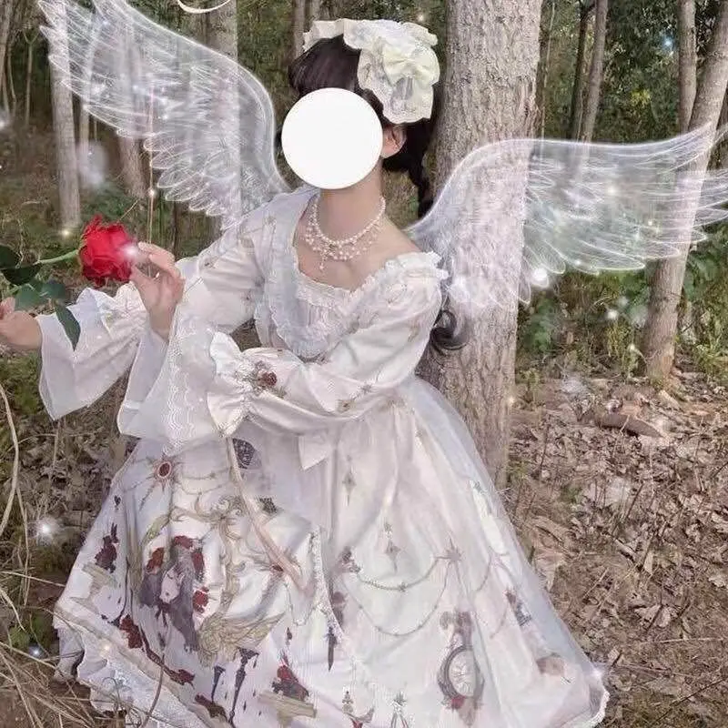 

Japanese JKS Dress Women Bow Long-sleeved Lolita Dress Women Soft Girl Kawaii Printed Anime Role-playing Elegant Gothic Costume