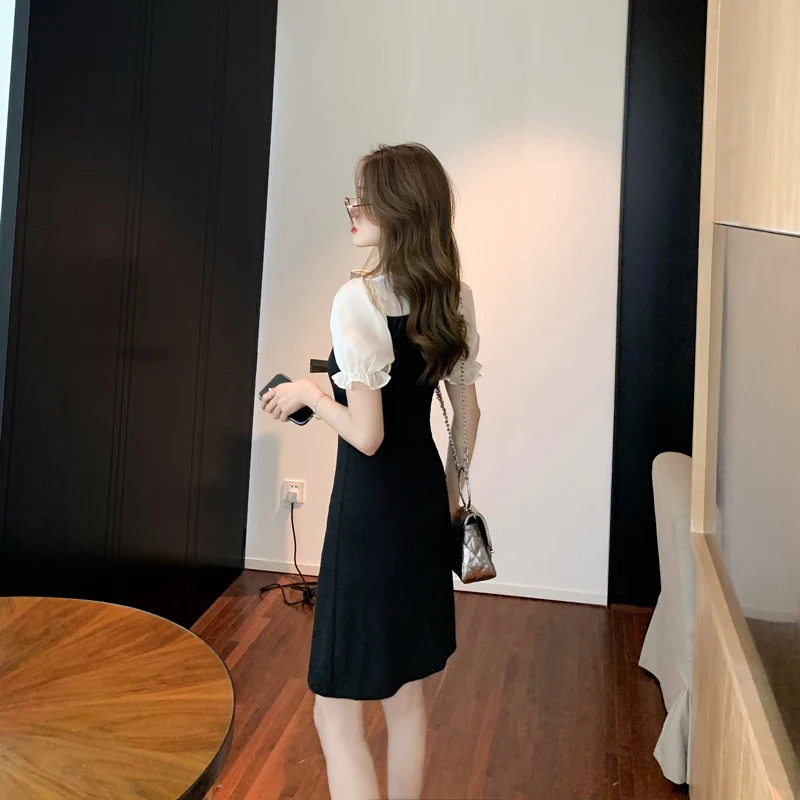 

COIGARSAM French Style Women dress New Summer Puff Sleeve Dresses Black 1691