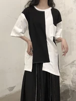 ladies short sleeve t shirt summer new black and white splicing irregular design fashion leisure loose large size half sleeve