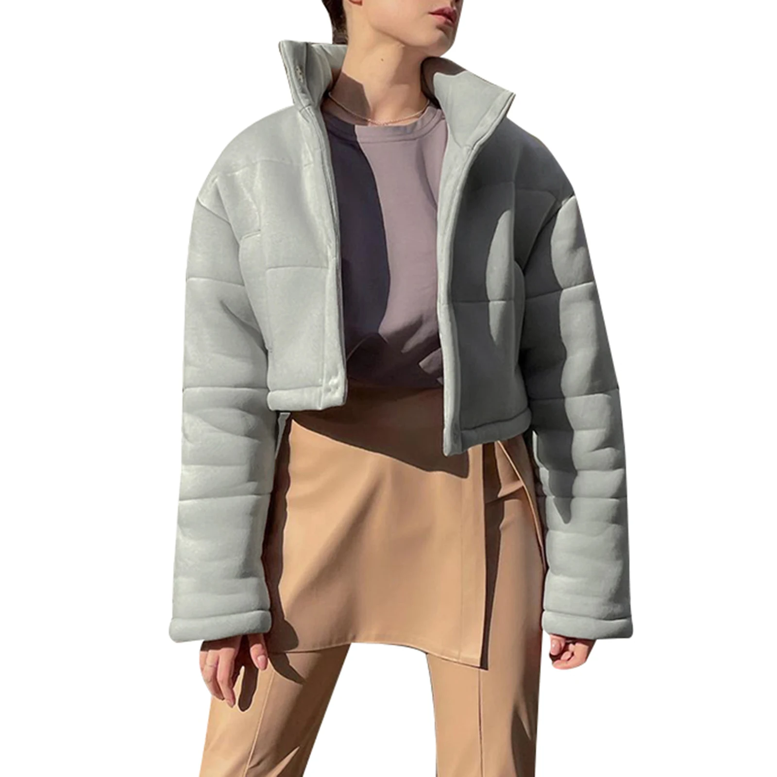 

Women Solid Color Down Jacket Winter Autumn Clothes Casual Thick Stand-up Collar Button Open Front Overcoat Outerwear 2021