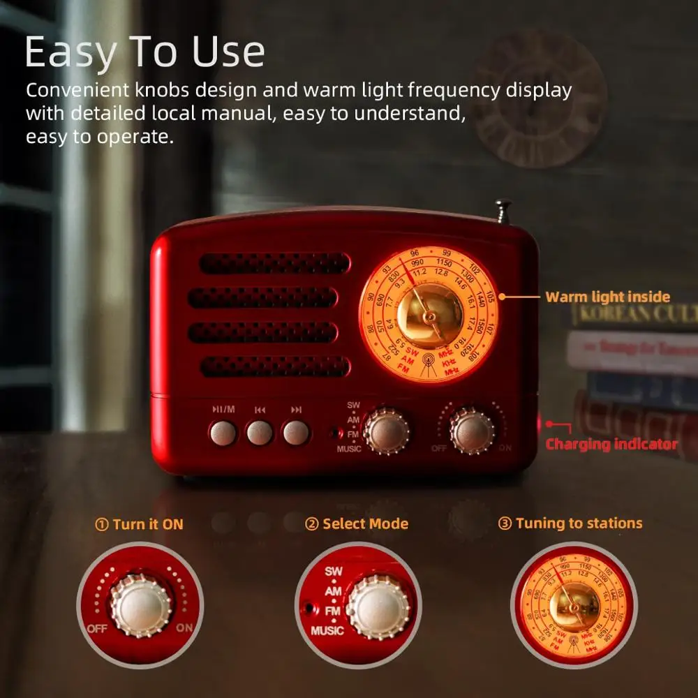 Классический ретро радиоприемник PRUNUS с FM/AM/SW USB Bluetooth перезаряжаемый AUX/ TF карты MP3