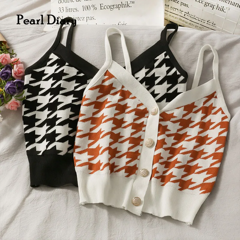 

Pearl Diary Women Knitting Tops Novelty Buttons Front Houndstooth Print Elegant Crop Knitted Tops England Style Sexy Chic Top