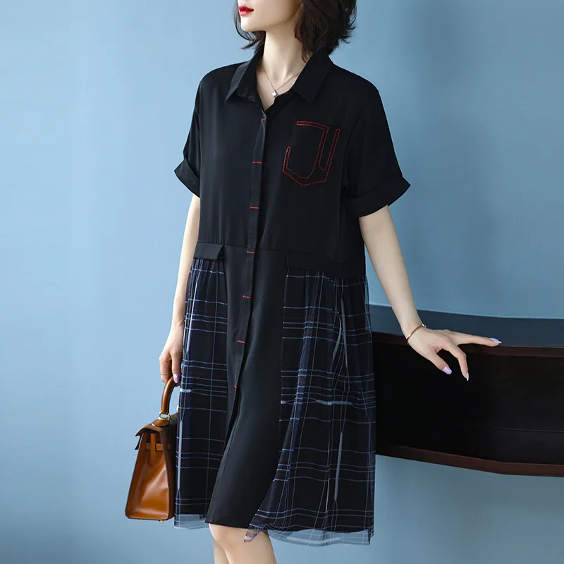 

Shirt Dress Summer Woman 2021 Mesh Patchwork Loose Fashion Elegant Work Party Oversized Dresses Female L-5XL