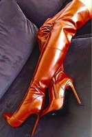 sexy fluorescent pointed toe over the knee boots stiletto heels zipper metallic leather tight high crotch boots big size 47