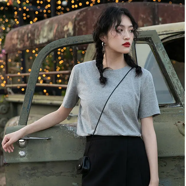 

2021 New Casual Cotton Basic T-shirt Women Loose Short Sleeve Korean Tee Shirts Female Solid Tees Ladies Summer Tops Harajuku 68