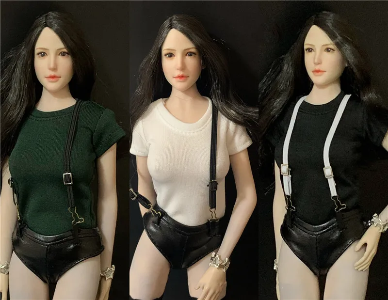 

CJG-W019 1/6 Scale Sexy Female Leather Clothes Shorts & T-shirt Lace Stockings Suit for 12 inch Action Figure Body Model