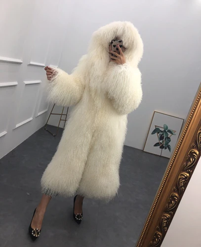 Beige Женское пальто из натурального монгольского овечьего меха с капюшоном, Пляжное шерстяное пальто, зимнее пальто из овечьей шерсти, длинная верхняя одежда, Женская одежда из овечьей шкуры - Цвет: Beige