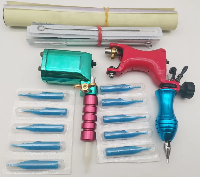 

Профессиональный набор для татуировок kt034, 2 шт., вращающийся пулемет, 10 шт., стерилизованные иглы, одноразовые наконечники, ручки для начинаю...