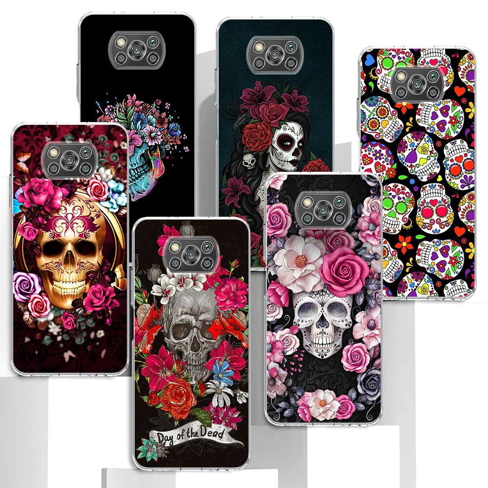 Fashion Flower Skull Case for Xiaomi Poco X3 NFC F3 Pocophone F1 M3 F2 M2 Redmi Note 10 Pro 9s Mi 11 Lite Transparent Soft Cover