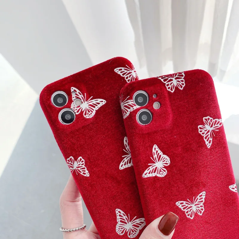 

The red butterfly velvet phone case is suitable for iPhone11 12Pro Max mini XR XS XSMax 8 7PluS anti-drop protective back cover