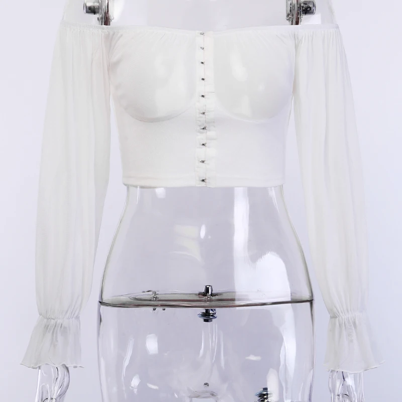 

Goocheer Long Sleeve Mesh Blouse Off Shoulder Slash Neck Slash Button Sexy Crop Top Solid Slim White Backless Women Voile Tops