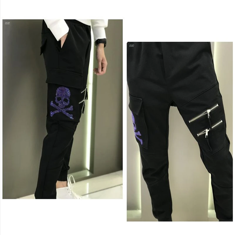 

High-quality fashion big skull men's hot drilling overalls cool running fitness slim sweatpants