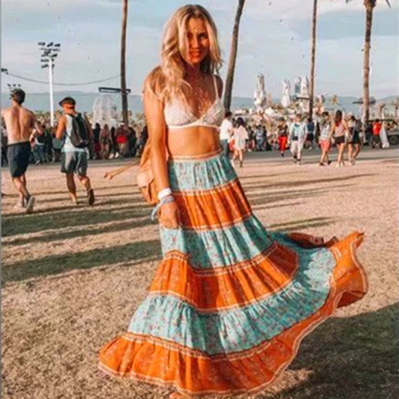 Женская пляжная юбка с цветочным принтом длинная трапеция в стиле бохо высокой