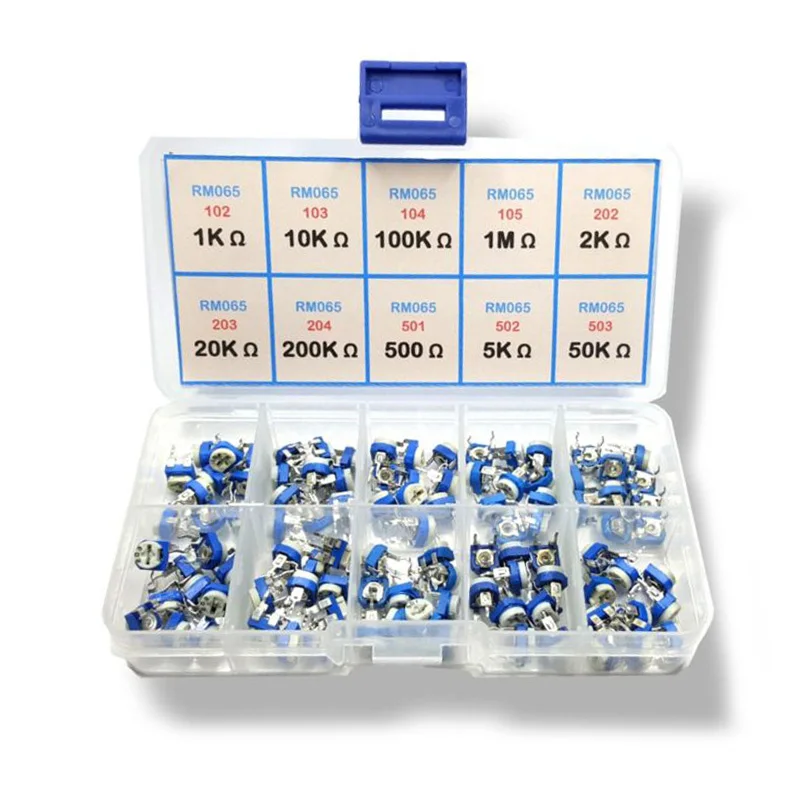 

100Pcs/box 10 Values Potentiometer Trimpot Variable Resistor Assortment Box Kits