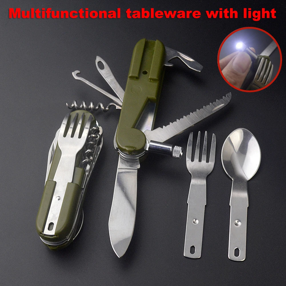 

9 in1 Outdoor Tableware Folding Fork Spoon Set Stainless Steel Multi-function Corkscrew Camping Hiking Travel Picnic Accessories