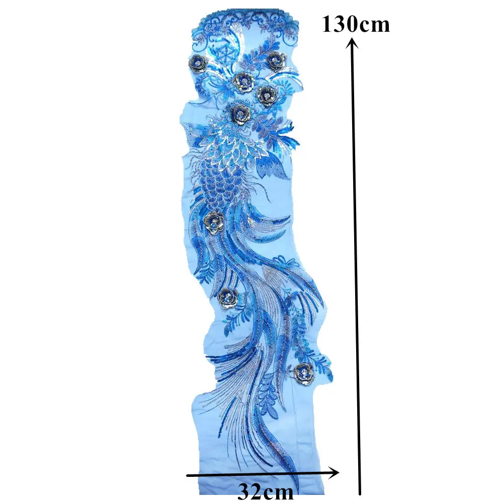 130 см Королевский синий Феникс Павлин кружевная ткань Блестки цветок Стразы