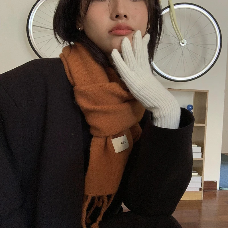 

Luna&Dolphin Women Winter Tassel Scarf White Label Egg Solid Color Warm Knitted Neckerchief Girls Ins Pashmina Woolen Big Shawl