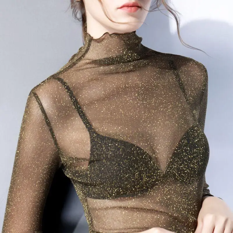 Блестящая прозрачная водолазка с сеткой сексуальные женские прозрачные белые