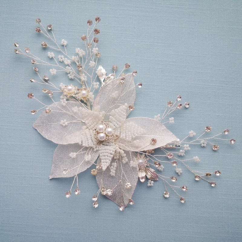 

Серебристый лист для женщин головной убор Свадебные украшения для волос гребень «Корона» Стразы рукой проводной свадебные аксессуары для ...