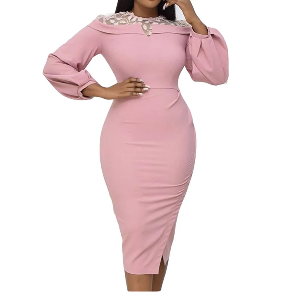 

Dark Blue Lace Patchwork Women Dress 2020 Summer Autumn Midi Bodycon Robe Femme African Vintage Plus Size Long Sleeve Vestido
