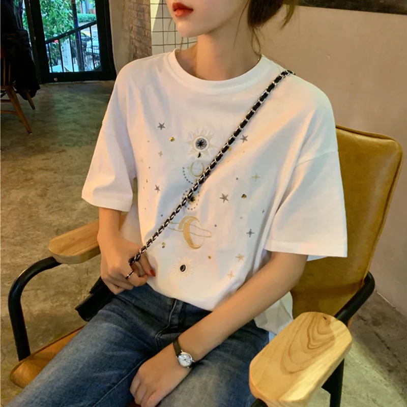 Женская футболка с принтом звезды и Луны Корейская кавайная забавная коротким