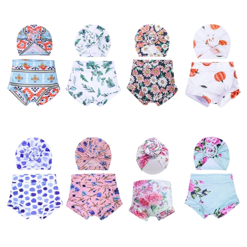 

2 Pcs Baby Summer Print Shorts Turban Hat Set Short Pants Head Wrap Knotted Cap
