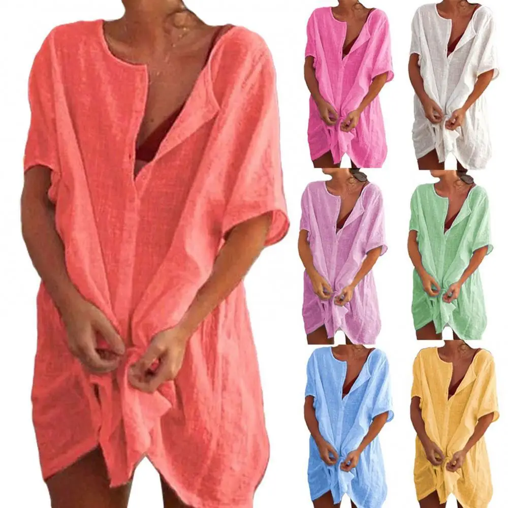 

Женское платье-рубашка с коротким рукавом и V-образным вырезом