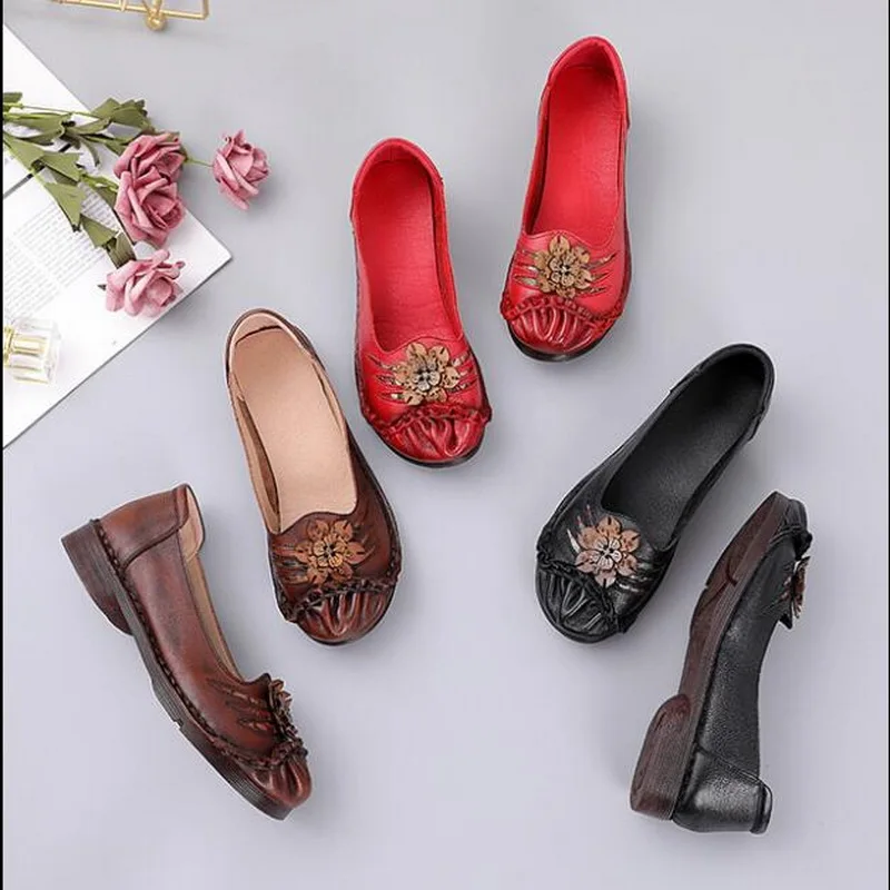 2021 Soft Genuine Leather Flat Shoes Women Flats With Flowers Ladies Shoes Elegant Comfort Casual OL Office Shoes Women Loafers