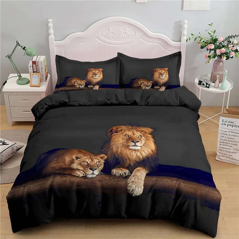 

Черное постельное белье с 3D рисунком льва/Тигра, комплекты пододеяльников, одеяло с изображением животных наволочек, наволочки для двуспал...
