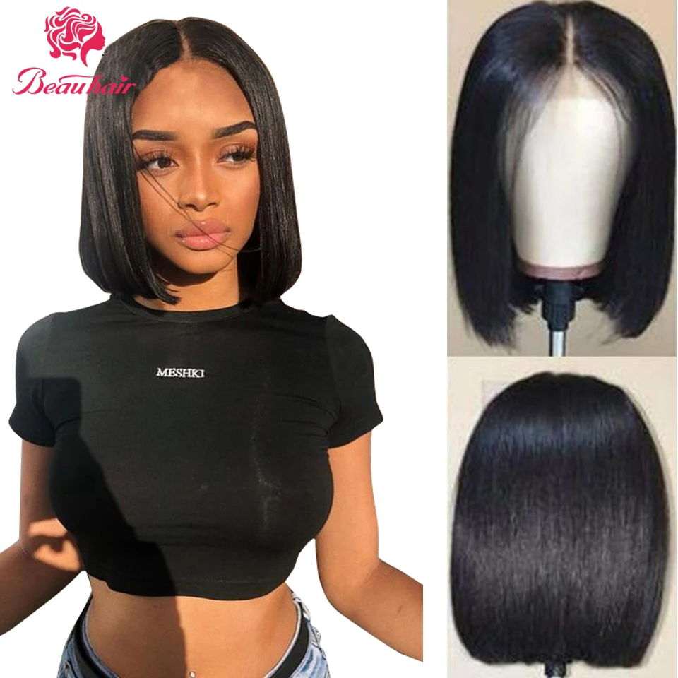 BeauHair Малайзия короткий парик из человеческих волос 4*4 средняя часть не Реми волосы боб парики предварительно сорвал отбеленные узлы для женщин