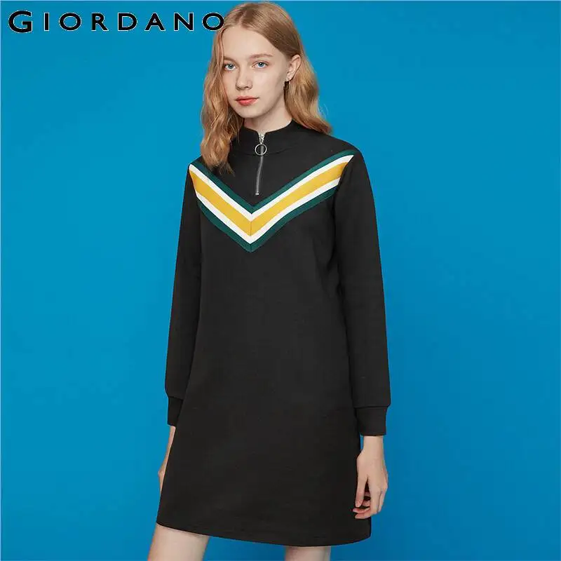 Женское трикотажное платье Giordano Контрастное с длинным рукавом воротником